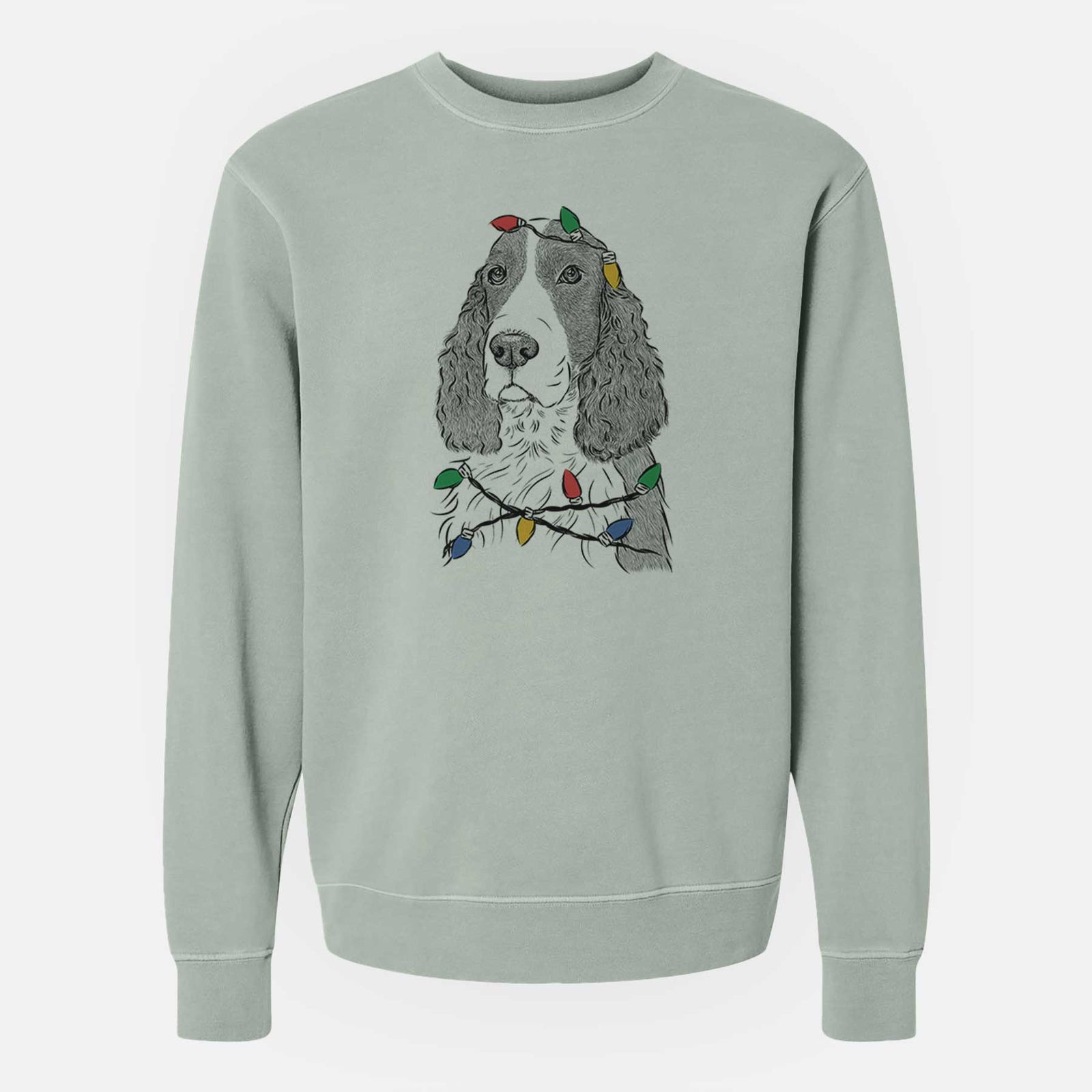 Christmas Lights Quincy the English Springer Spaniel - Unisex Pigment Dyed Crew Sweatshirt