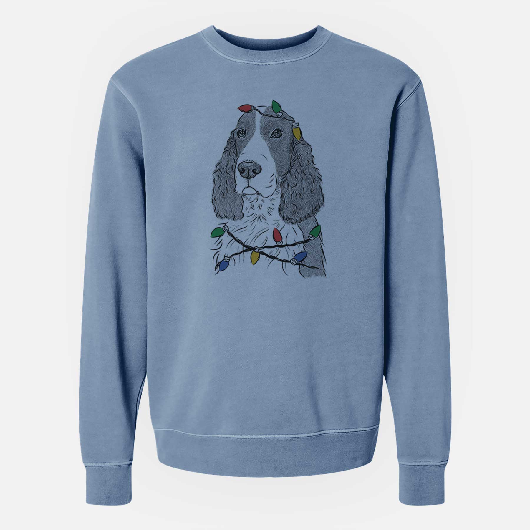 Christmas Lights Quincy the English Springer Spaniel - Unisex Pigment Dyed Crew Sweatshirt