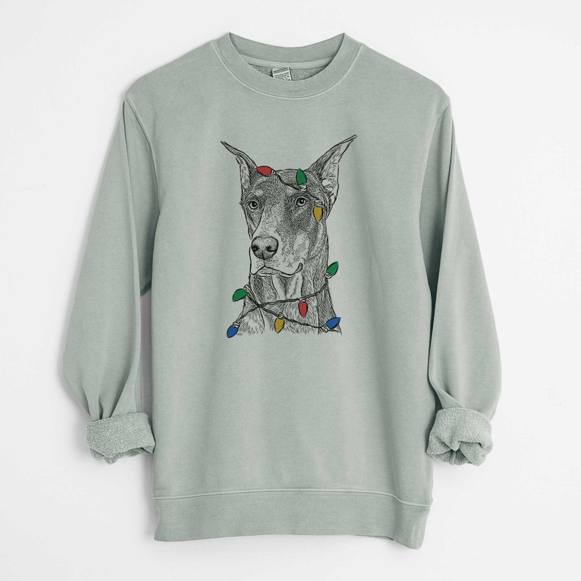 Christmas Lights RJ the Doberman Pinscher - Unisex Pigment Dyed Crew Sweatshirt