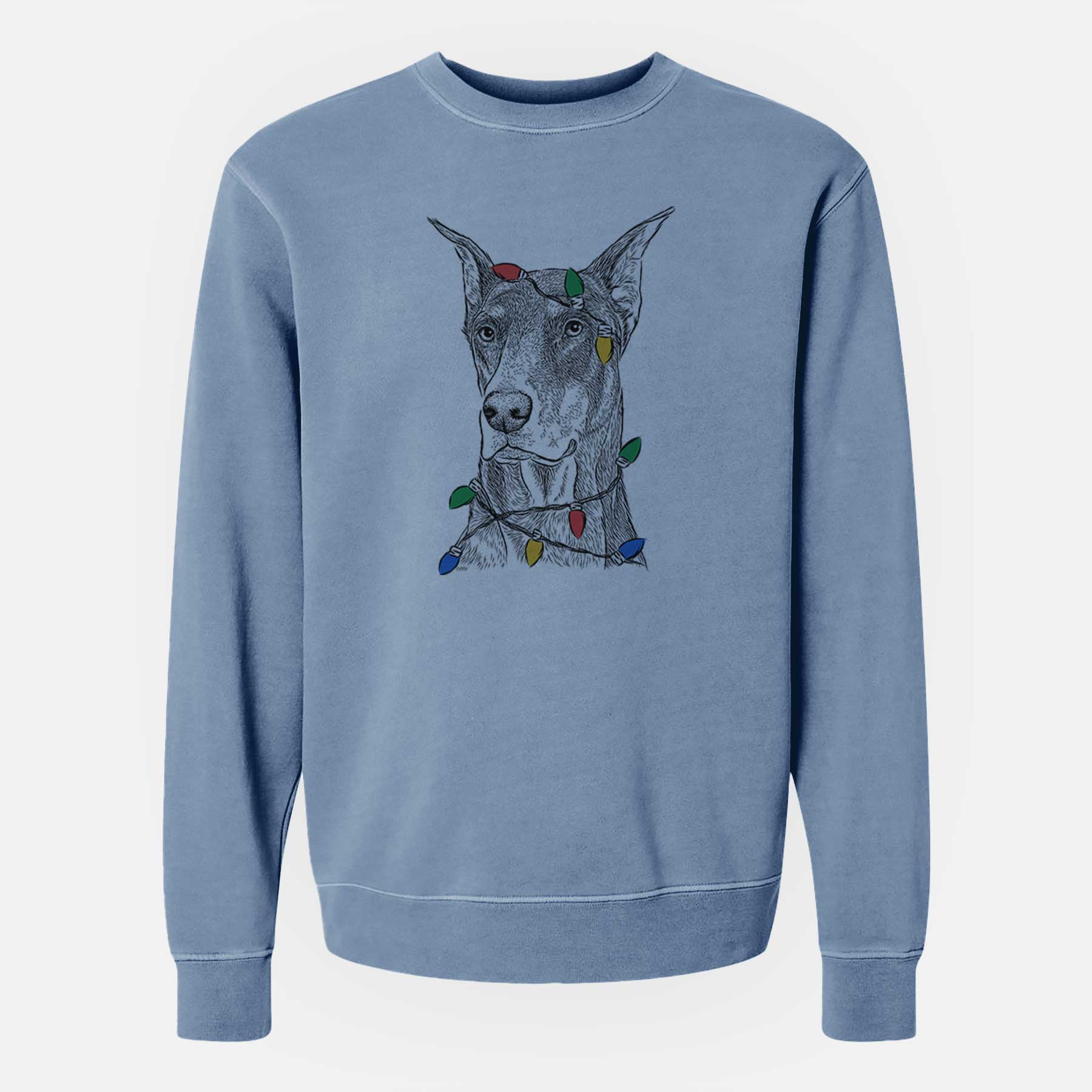 Christmas Lights RJ the Doberman Pinscher - Unisex Pigment Dyed Crew Sweatshirt