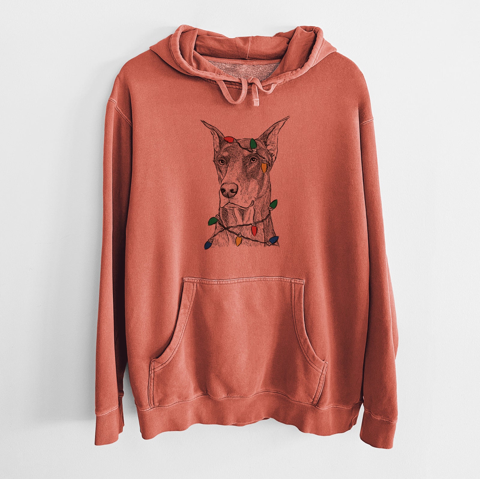 Christmas Lights RJ the Doberman Pinscher - Unisex Pigment Dyed Hoodie