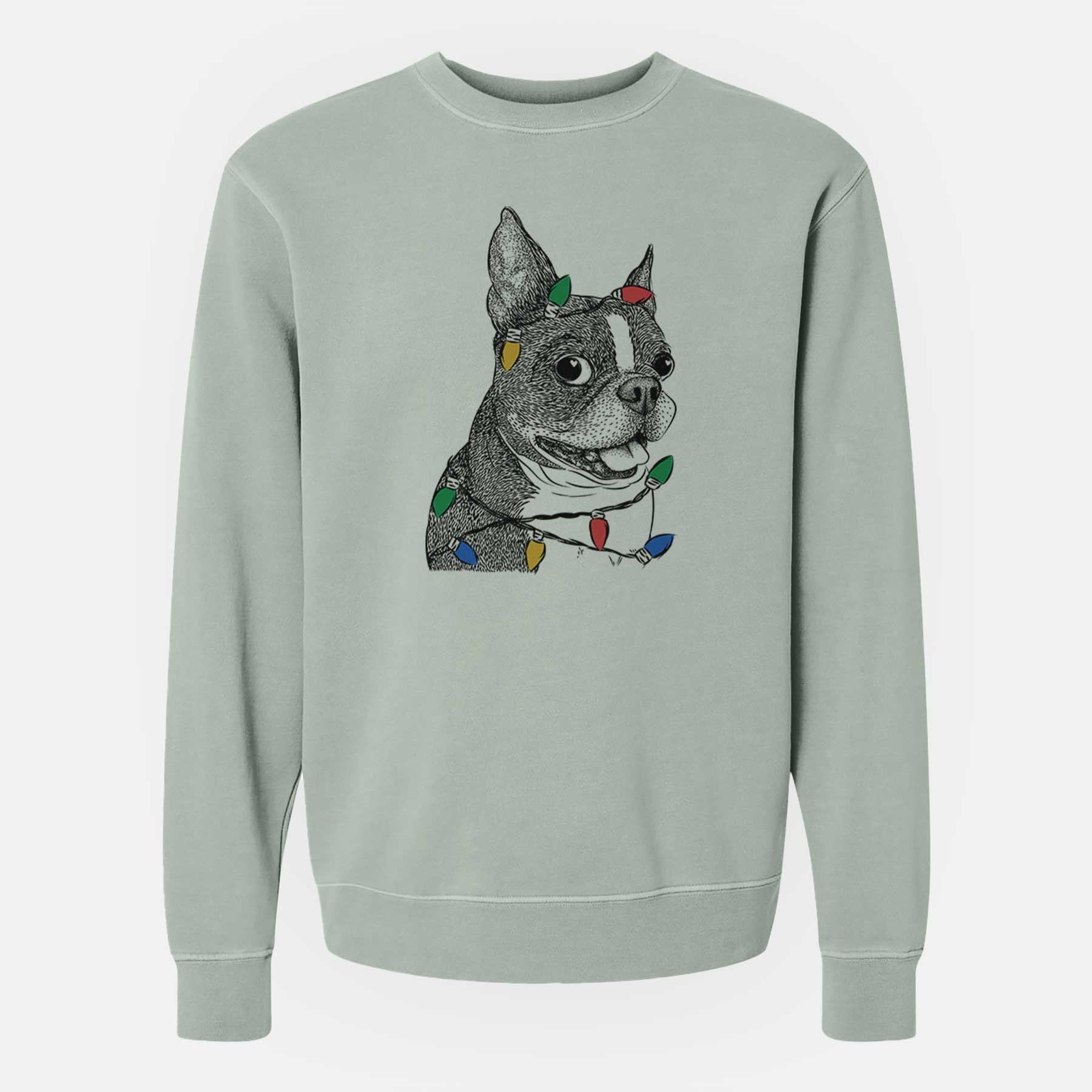 Christmas Lights Ralphie the Boston Terrier - Unisex Pigment Dyed Crew Sweatshirt