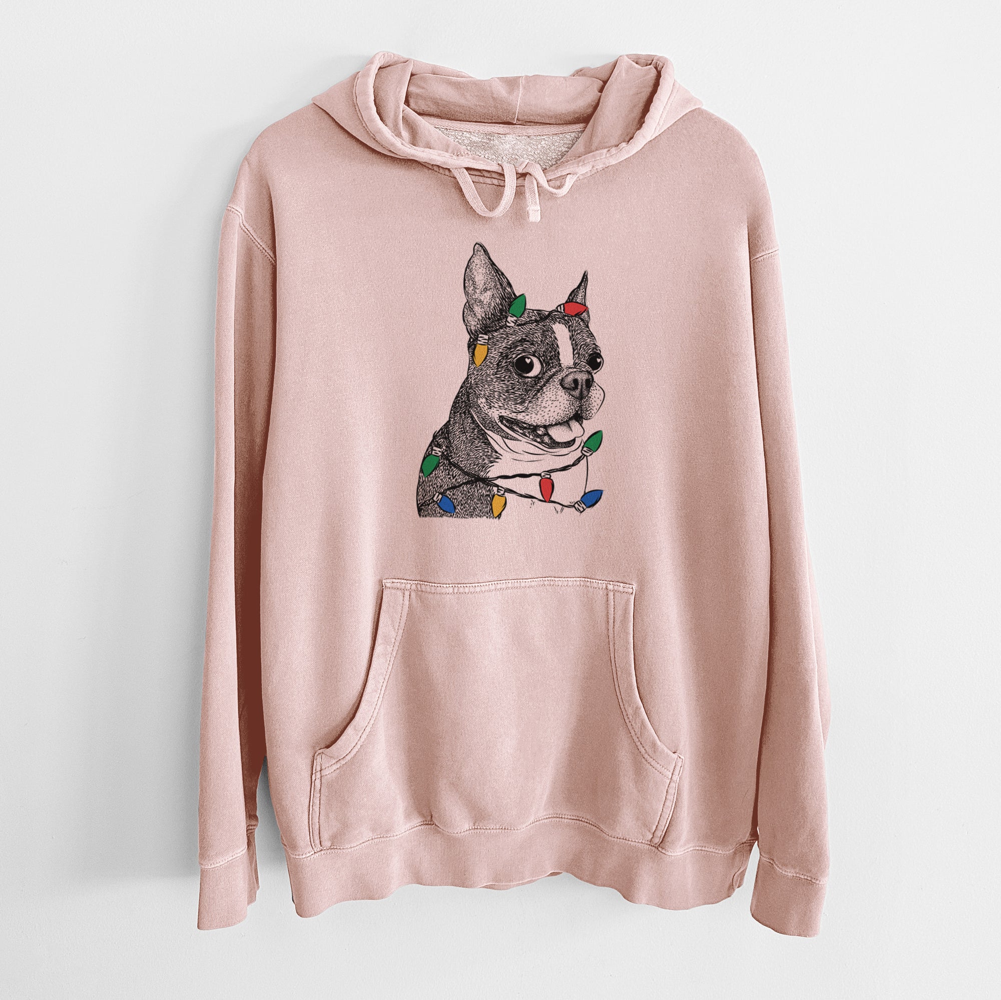 Christmas Lights Ralphie the Boston Terrier - Unisex Pigment Dyed Hoodie