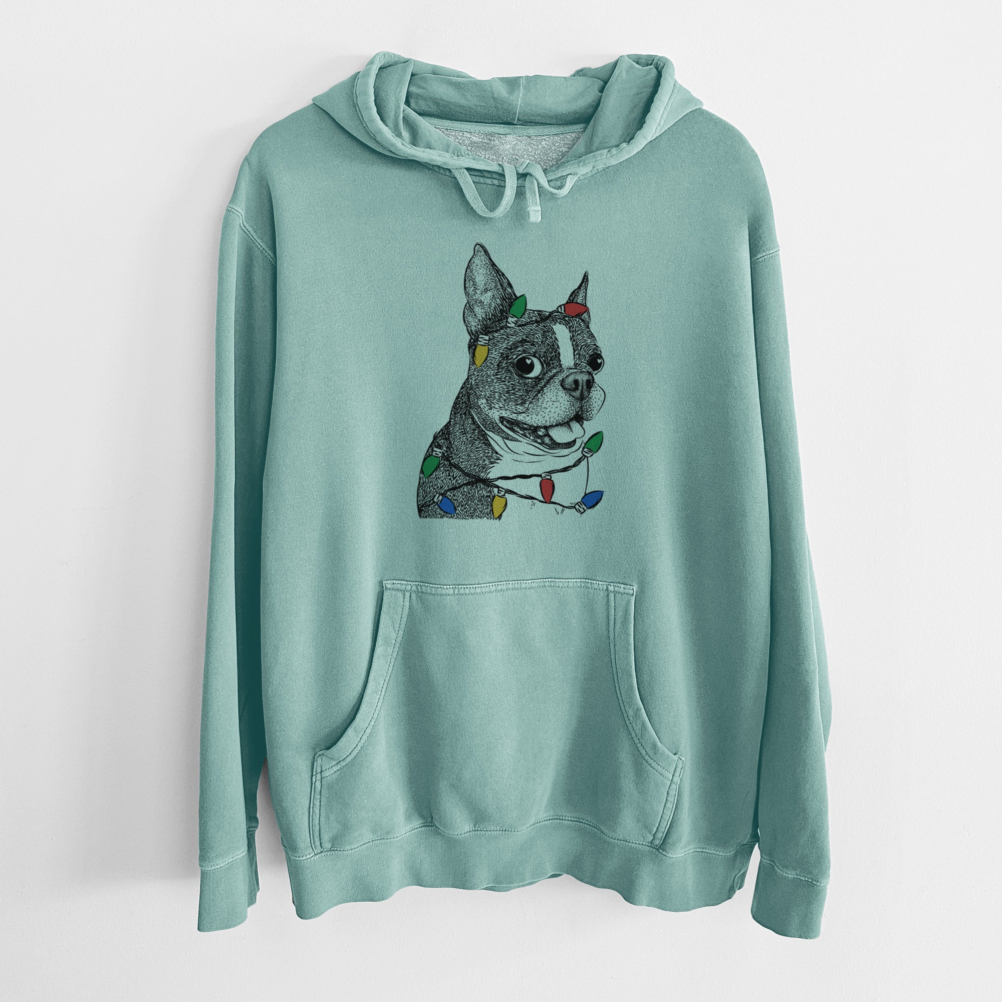 Christmas Lights Ralphie the Boston Terrier - Unisex Pigment Dyed Hoodie