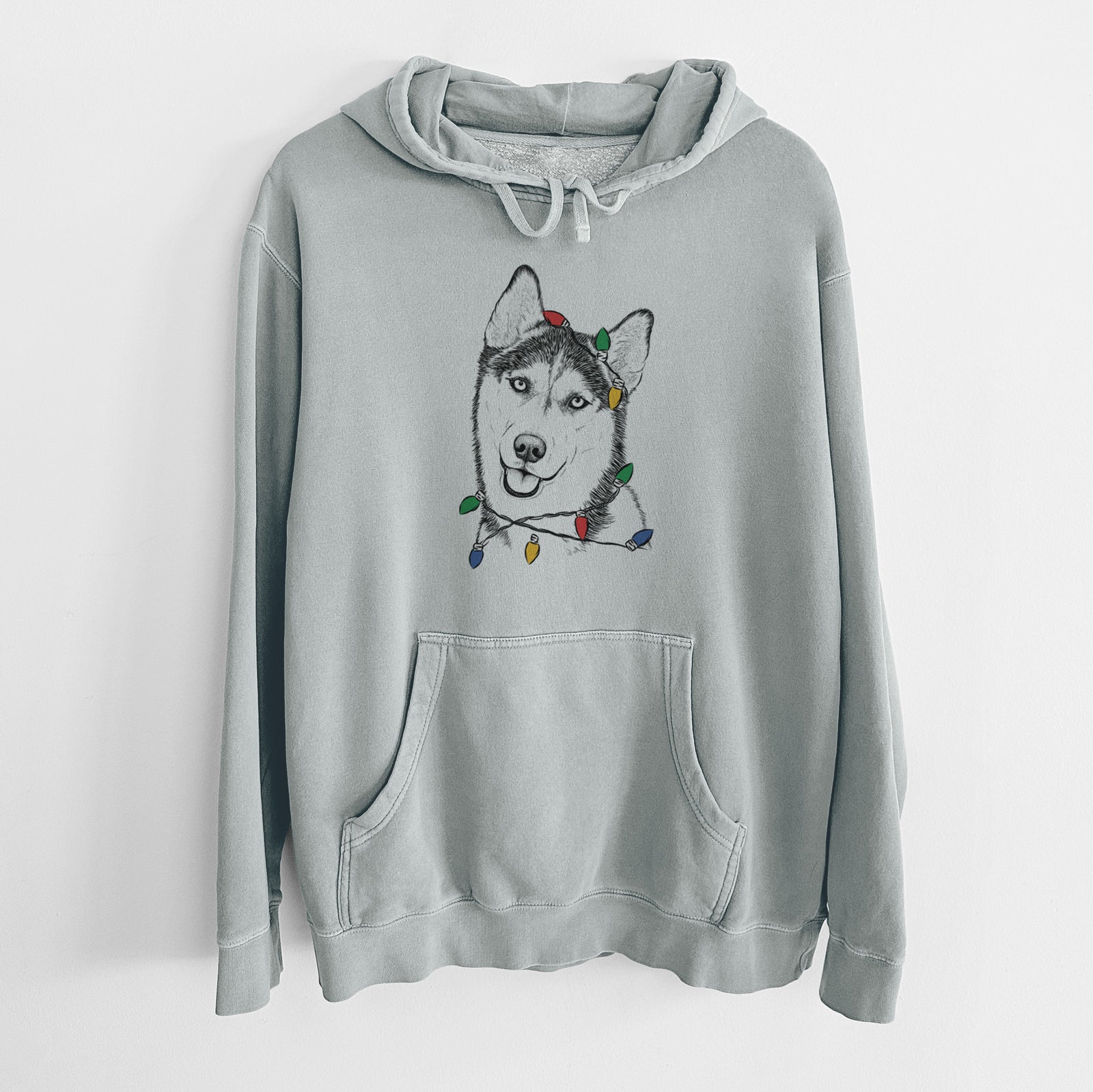 Christmas Lights Remmie the Siberian Husky - Unisex Pigment Dyed Hoodie