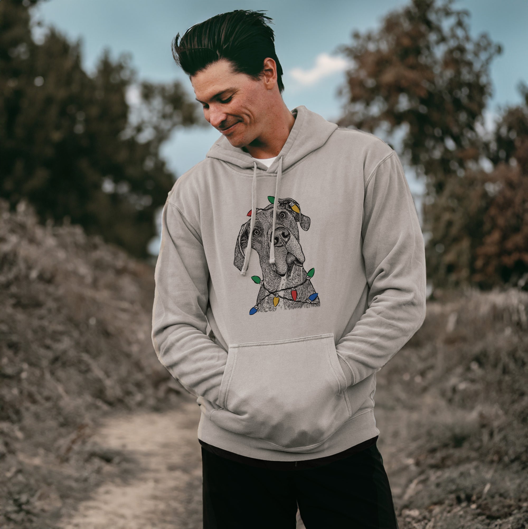 Christmas Lights River the Great Dane - Unisex Pigment Dyed Hoodie