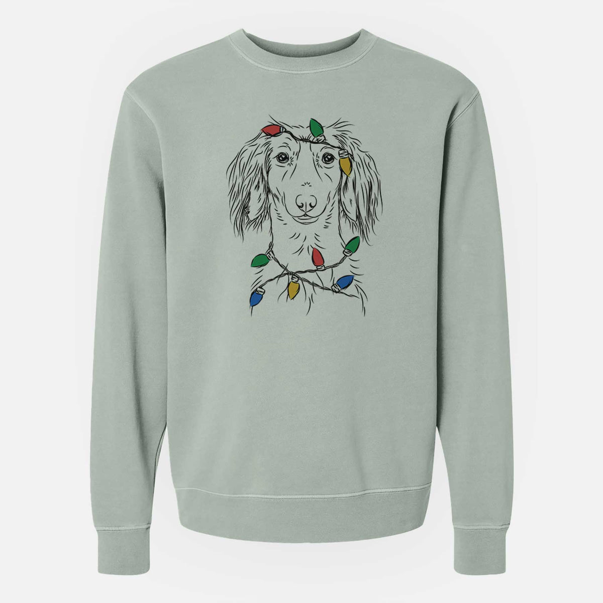 Christmas Lights Roux the Long Haired Dachshund - Unisex Pigment Dyed Crew Sweatshirt