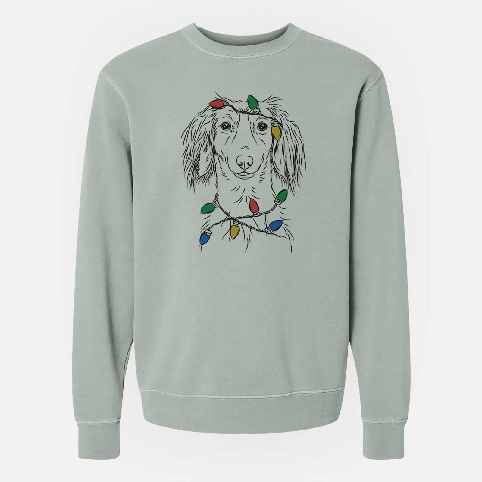 Christmas Lights Roux the Long Haired Dachshund - Unisex Pigment Dyed Crew Sweatshirt