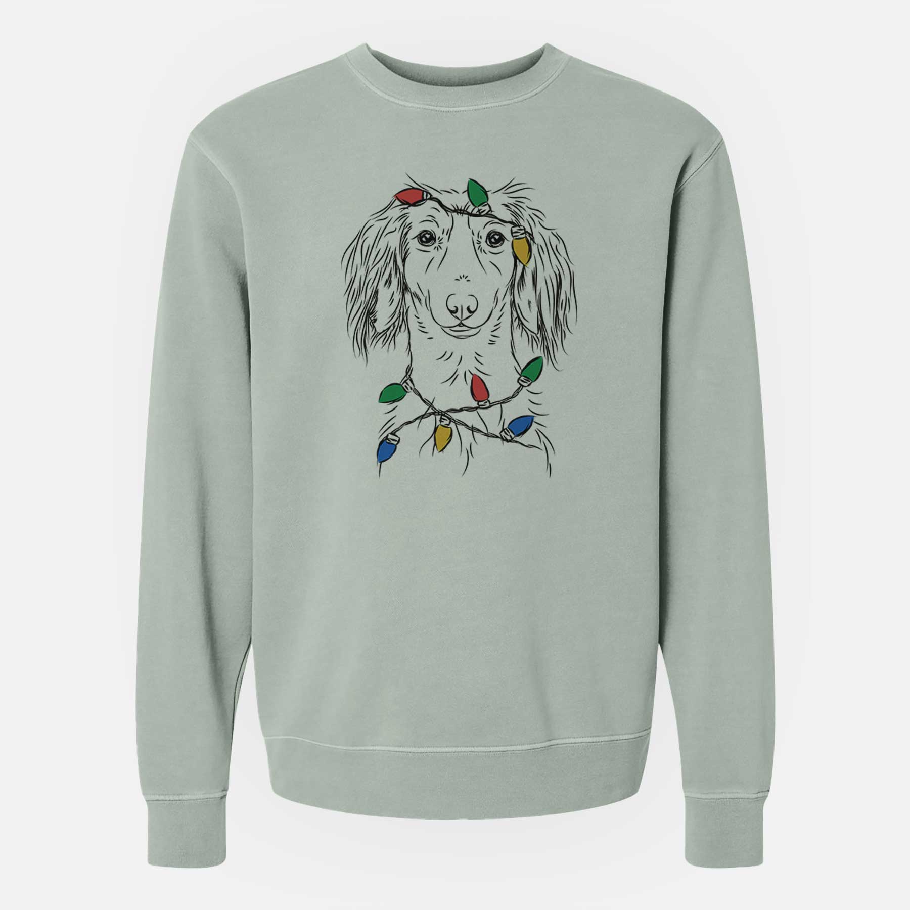 Christmas Lights Roux the Long Haired Dachshund - Unisex Pigment Dyed Crew Sweatshirt