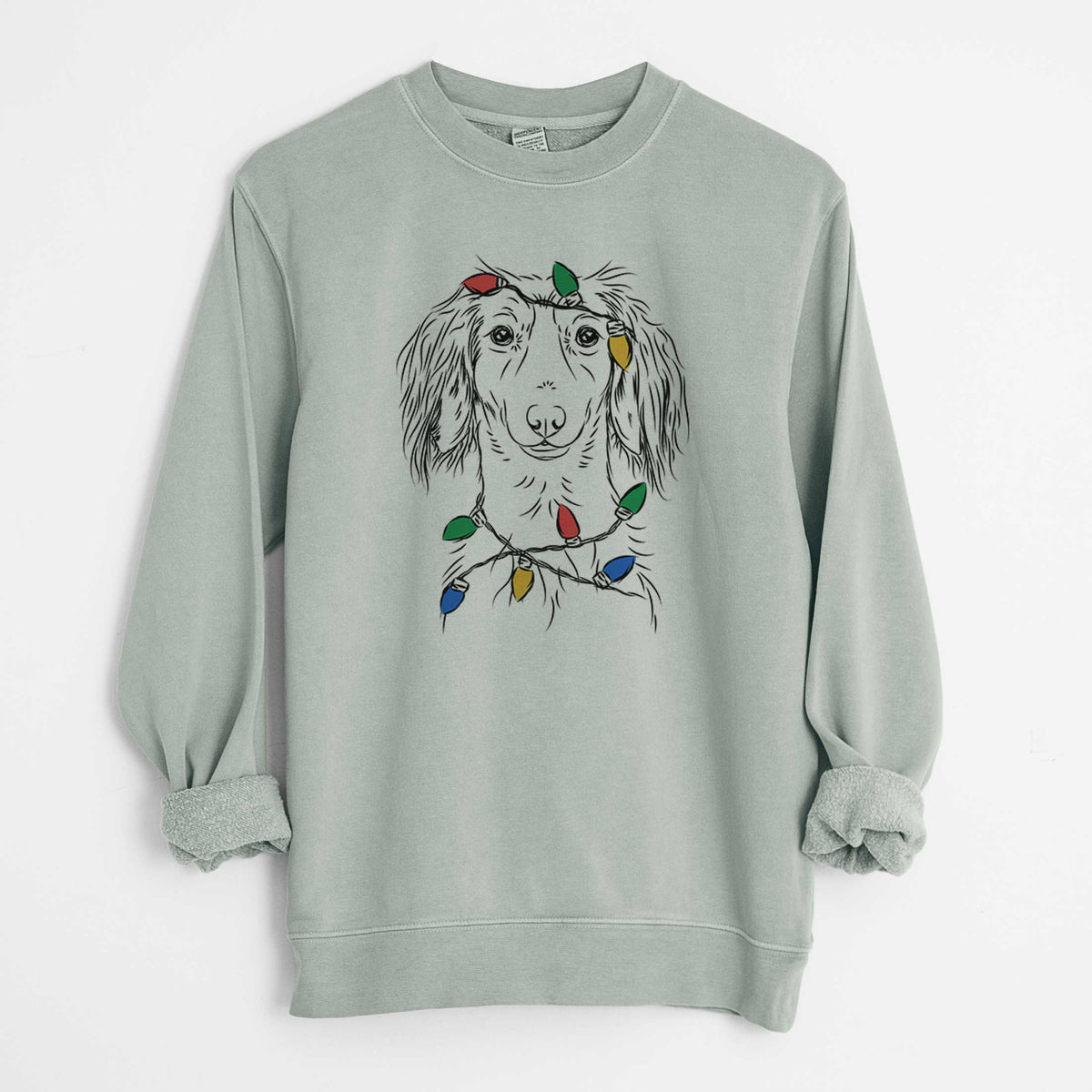 Christmas Lights Roux the Long Haired Dachshund - Unisex Pigment Dyed Crew Sweatshirt