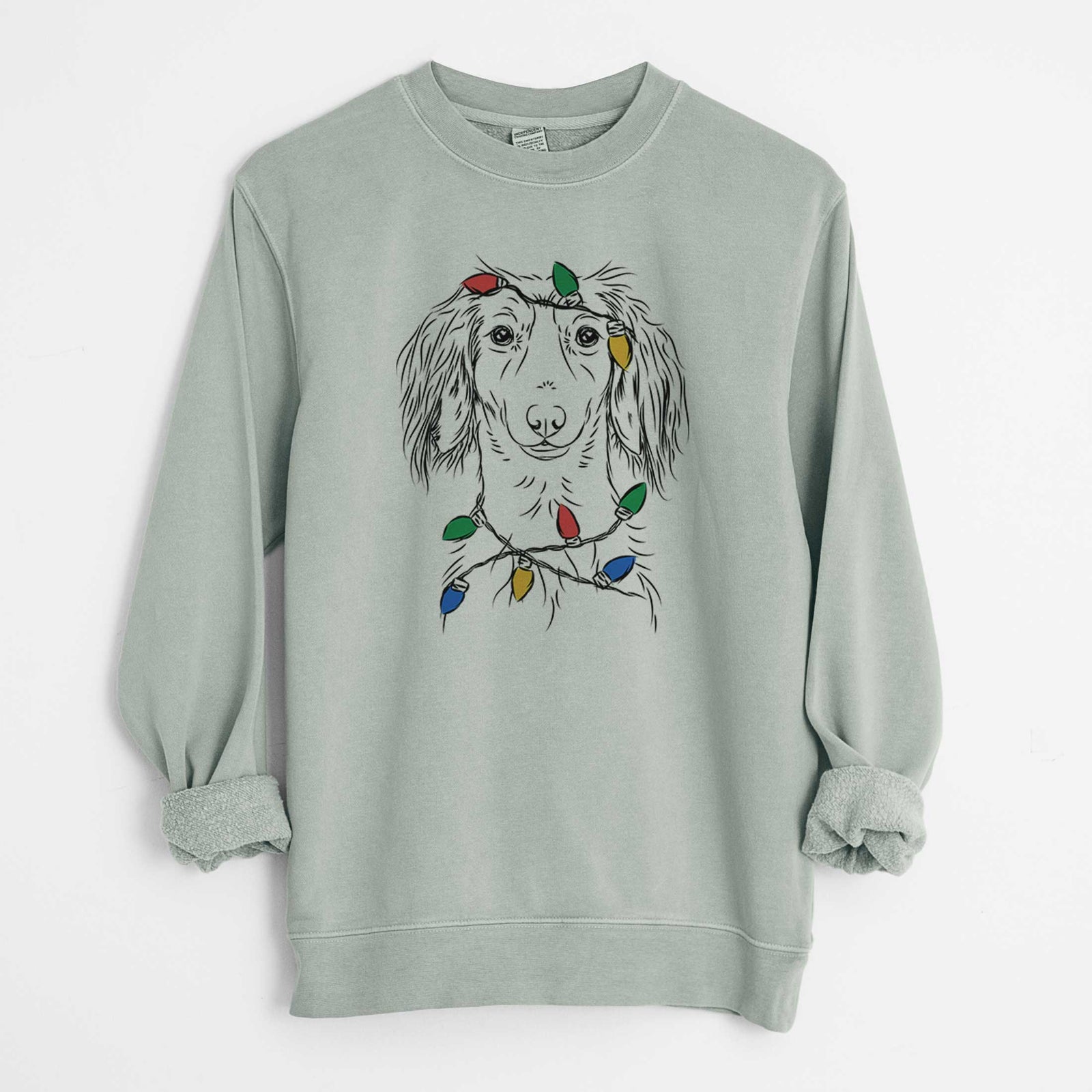 Christmas Lights Roux the Long Haired Dachshund - Unisex Pigment Dyed Crew Sweatshirt