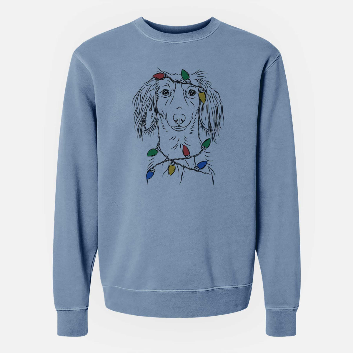 Christmas Lights Roux the Long Haired Dachshund - Unisex Pigment Dyed Crew Sweatshirt