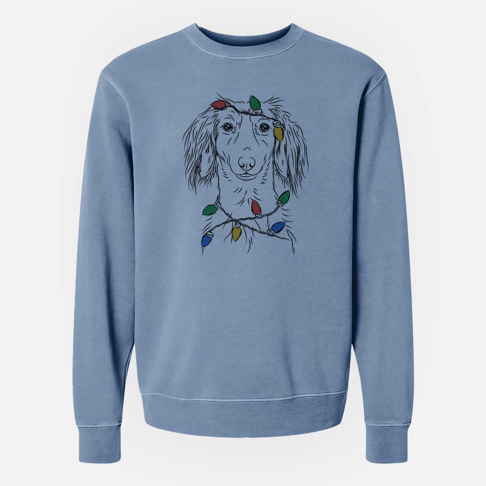 Christmas Lights Roux the Long Haired Dachshund - Unisex Pigment Dyed Crew Sweatshirt