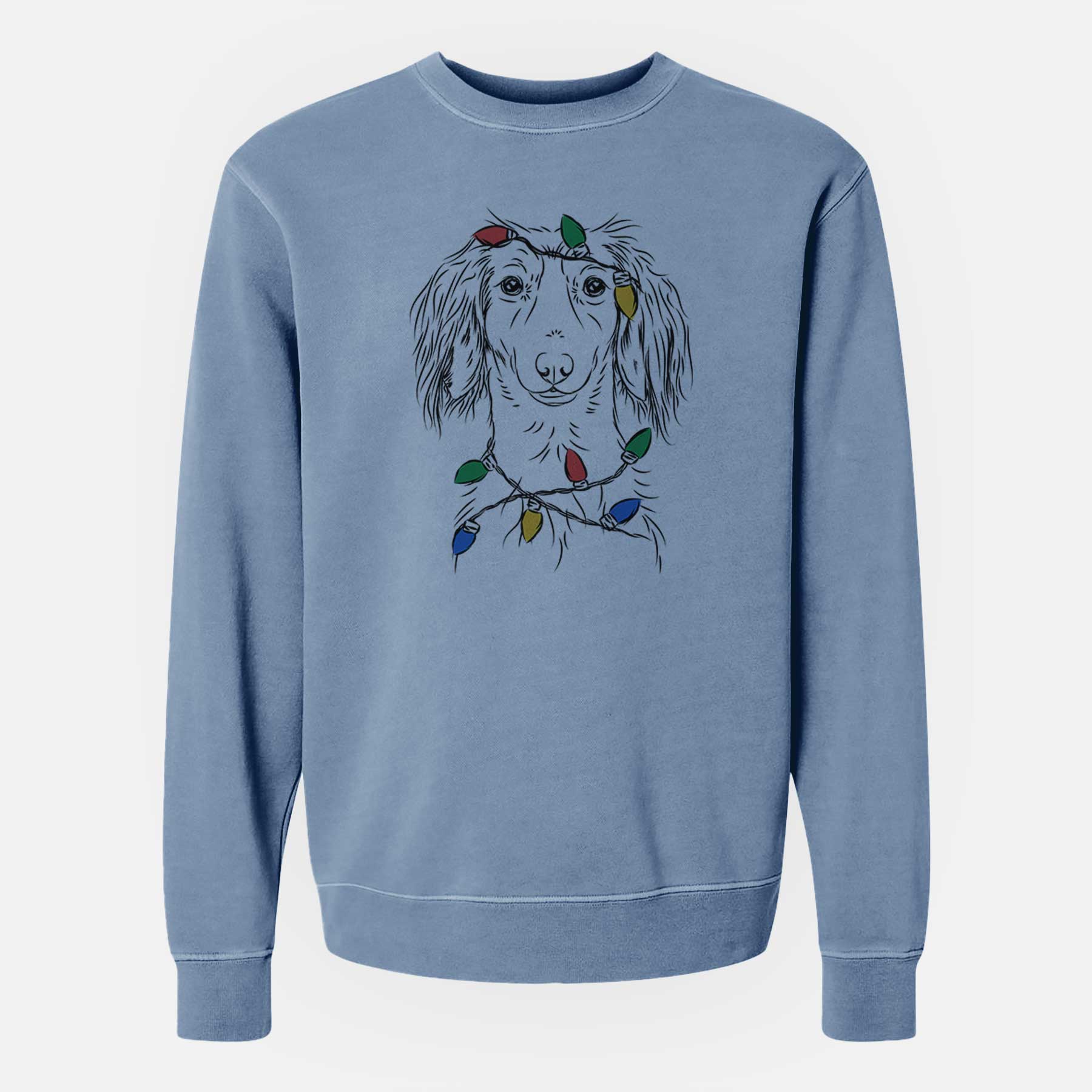 Christmas Lights Roux the Long Haired Dachshund - Unisex Pigment Dyed Crew Sweatshirt