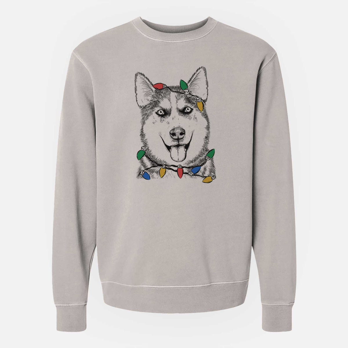 Christmas Lights Sesi the Siberian Husky - Unisex Pigment Dyed Crew Sweatshirt