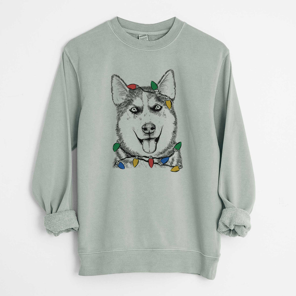 Christmas Lights Sesi the Siberian Husky - Unisex Pigment Dyed Crew Sweatshirt