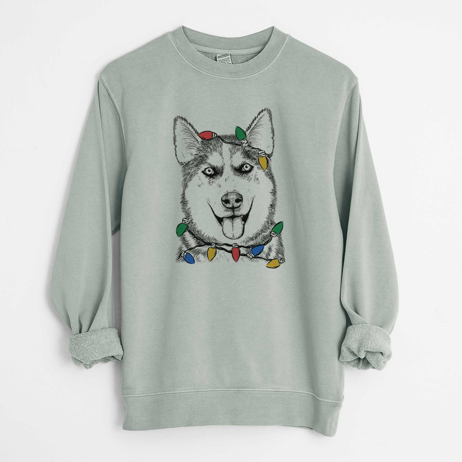 Christmas Lights Sesi the Siberian Husky - Unisex Pigment Dyed Crew Sweatshirt