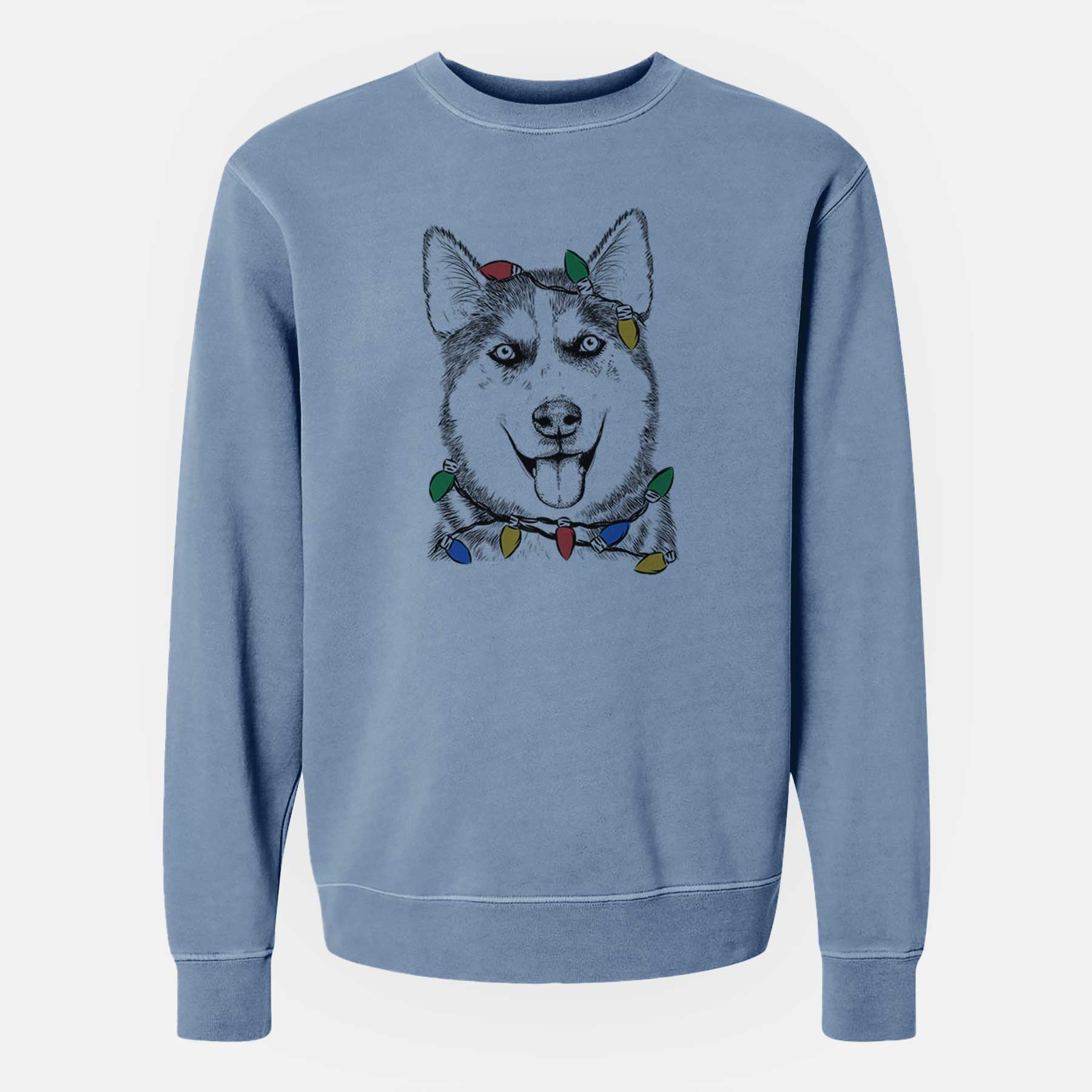 Christmas Lights Sesi the Siberian Husky - Unisex Pigment Dyed Crew Sweatshirt