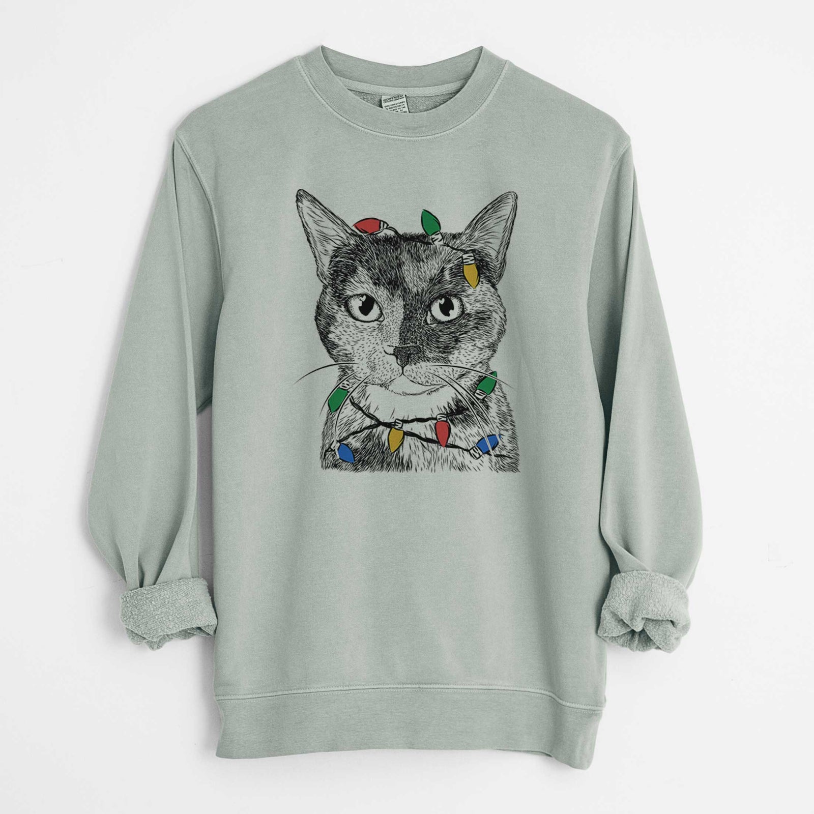 Christmas Lights Spooky Kitty the Tortoiseshell Cat - Unisex Pigment Dyed Crew Sweatshirt