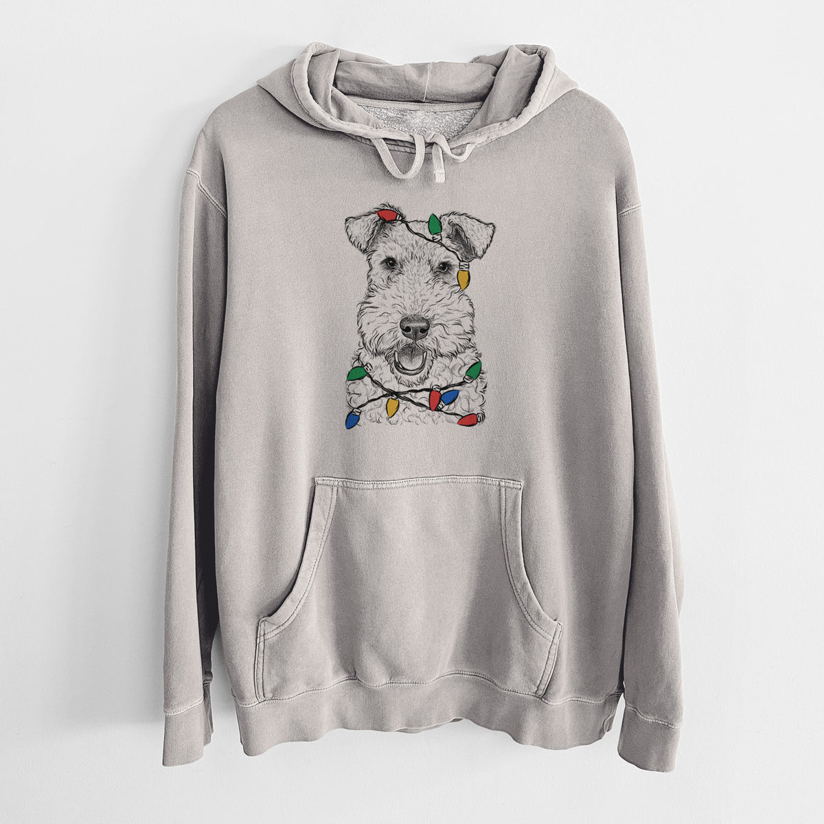 Christmas Lights Ted the Wire Fox Terrier - Unisex Pigment Dyed Hoodie