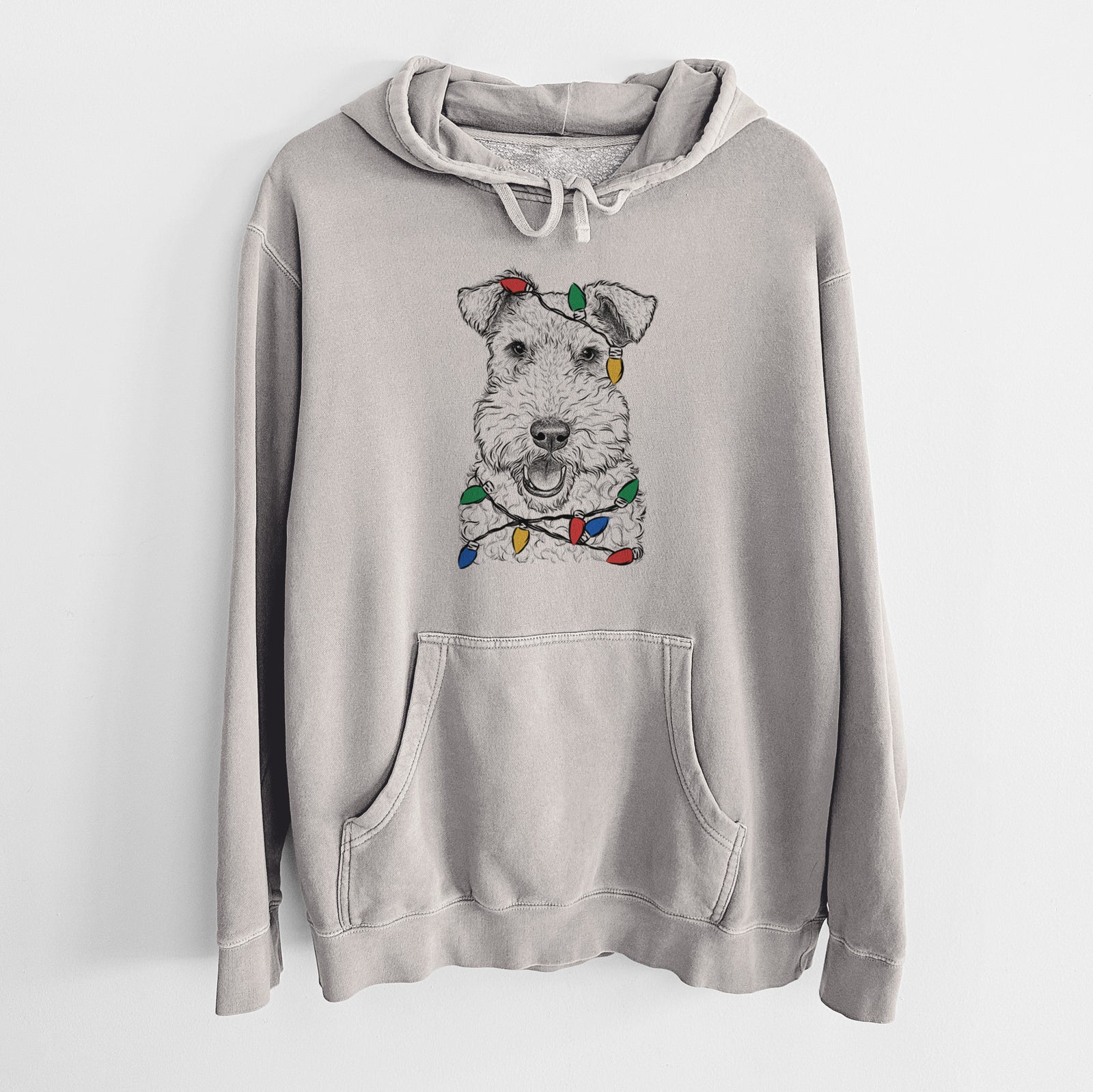 Christmas Lights Ted the Wire Fox Terrier - Unisex Pigment Dyed Hoodie
