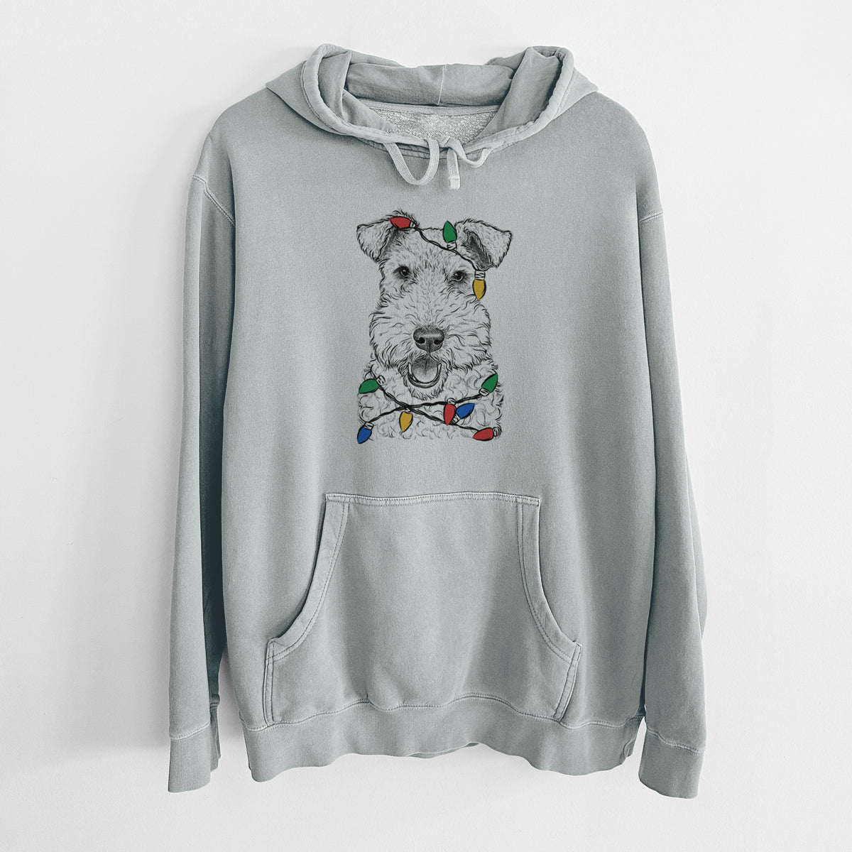 Christmas Lights Ted the Wire Fox Terrier - Unisex Pigment Dyed Hoodie