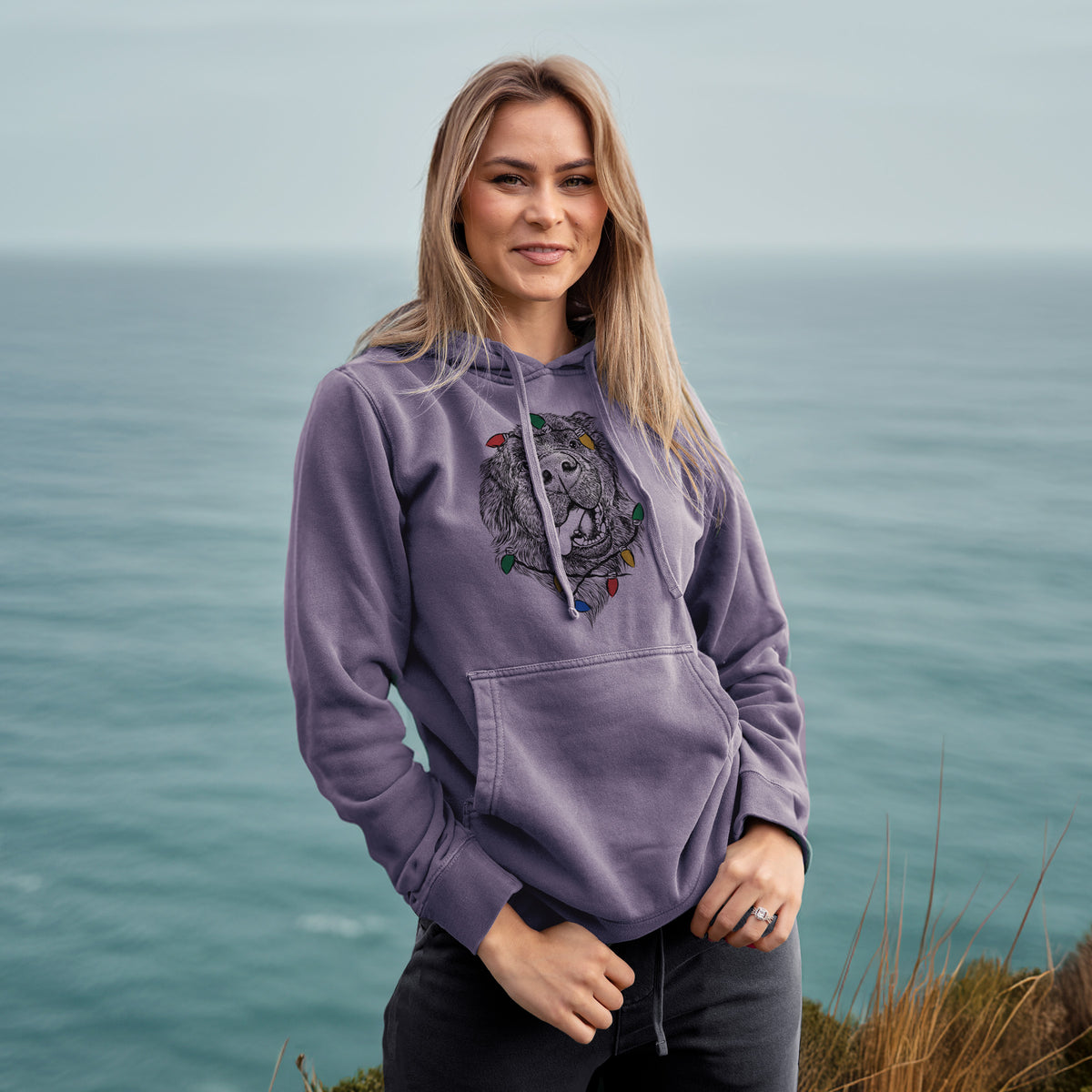 Christmas Lights Tuna the Newfoundland - Unisex Pigment Dyed Hoodie