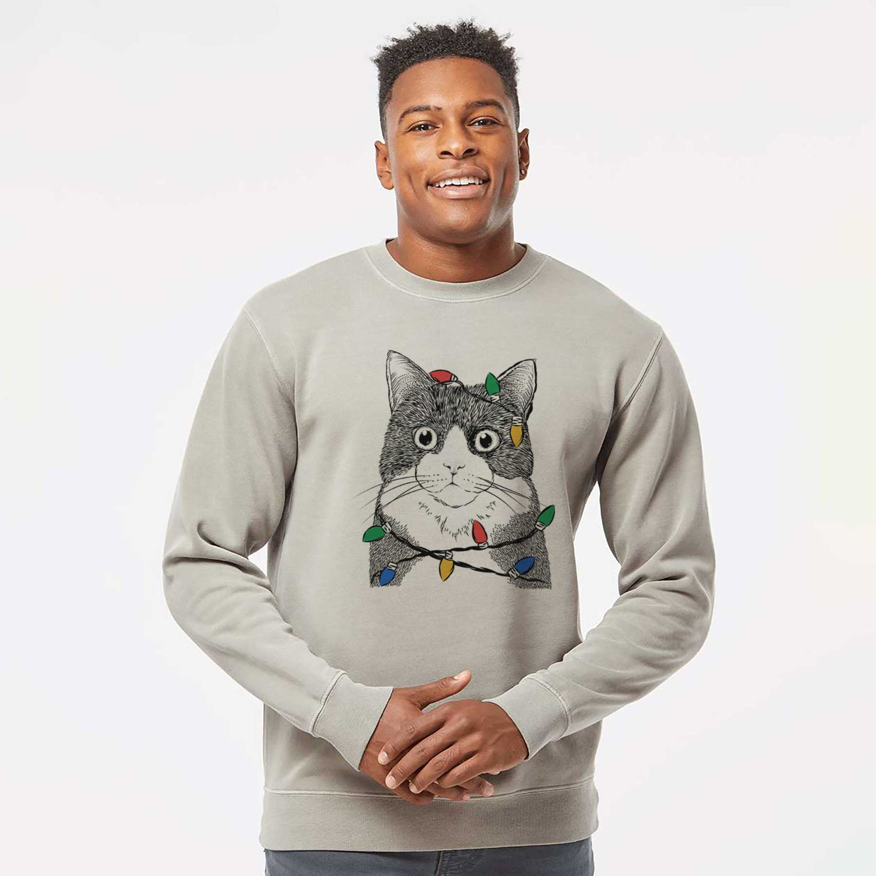 Christmas Lights Tux the Tuxedo Cat - Unisex Pigment Dyed Crew Sweatshirt