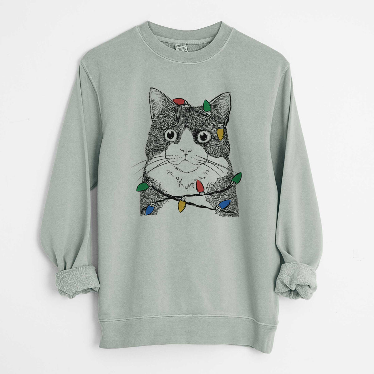 Christmas Lights Tux the Tuxedo Cat - Unisex Pigment Dyed Crew Sweatshirt