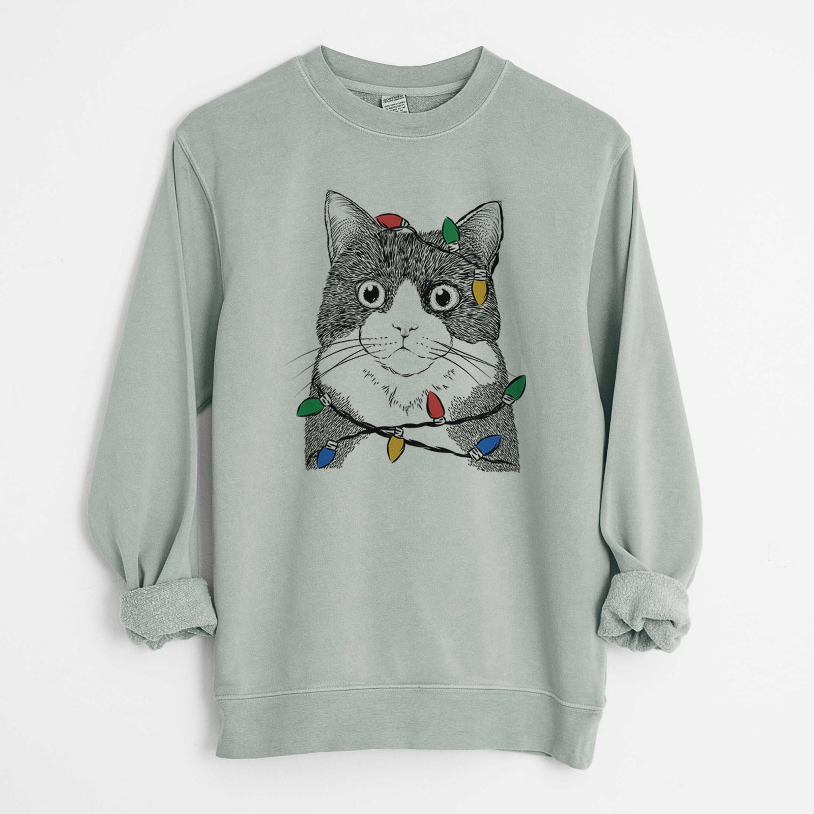 Christmas Lights Tux the Tuxedo Cat - Unisex Pigment Dyed Crew Sweatshirt
