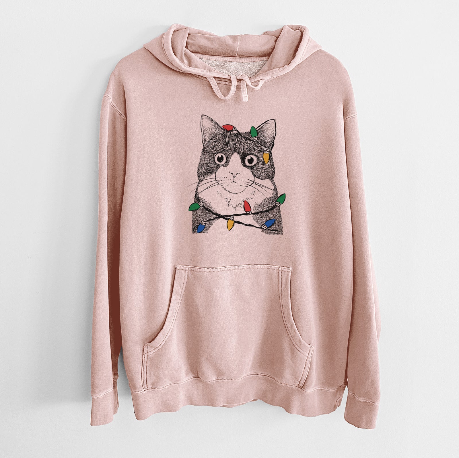 Christmas Lights Tux the Tuxedo Cat - Unisex Pigment Dyed Hoodie