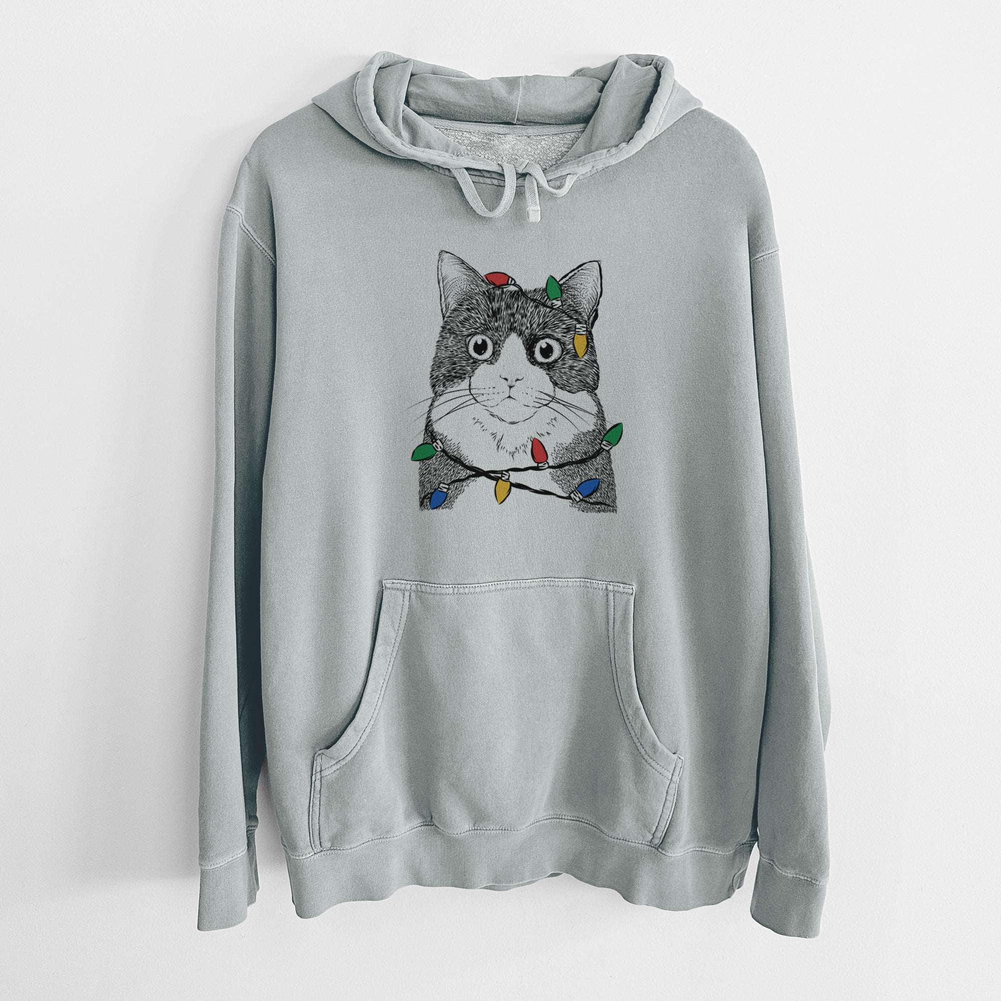 Christmas Lights Tux the Tuxedo Cat - Unisex Pigment Dyed Hoodie