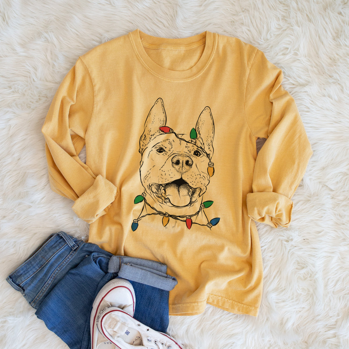 Christmas Lights Wally the Pitbull - Heavyweight 100% Cotton Long Sleeve