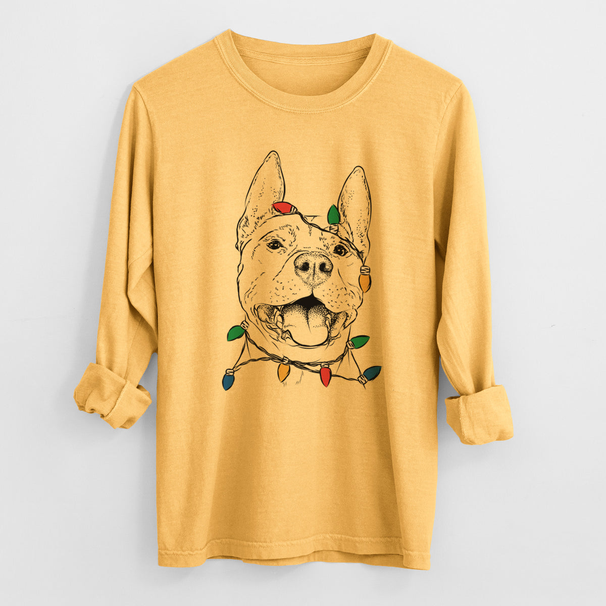Christmas Lights Wally the Pitbull - Heavyweight 100% Cotton Long Sleeve