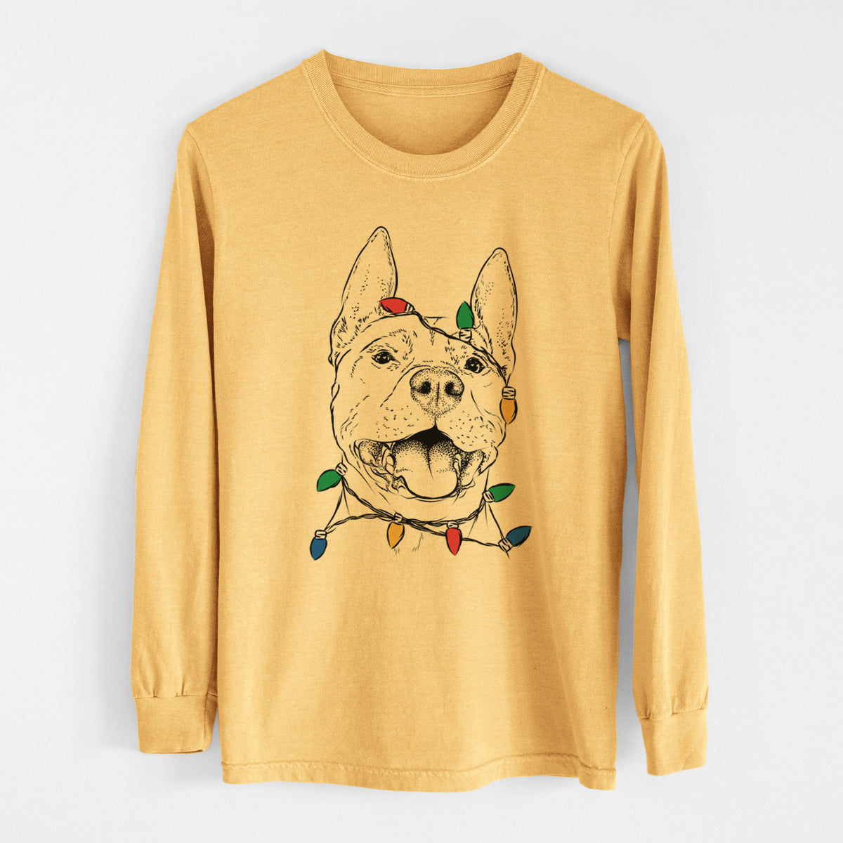 Christmas Lights Wally the Pitbull - Heavyweight 100% Cotton Long Sleeve