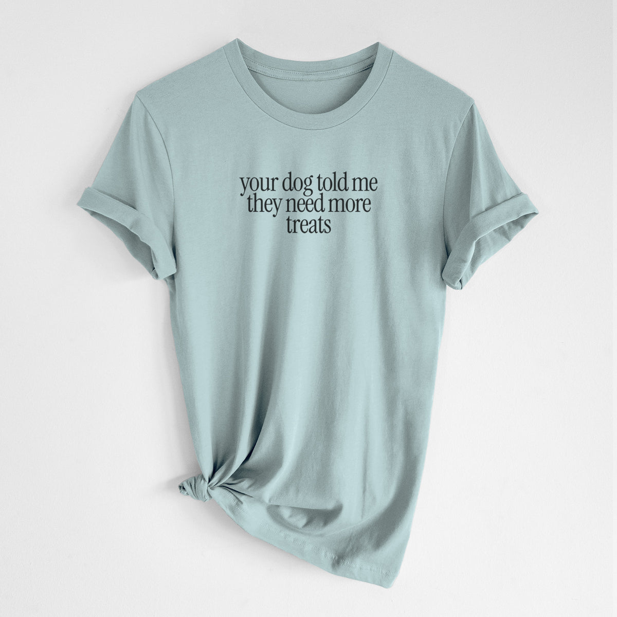 Your Dog Told Me They Need More Treats - Unisex Crewneck in Dusty Blue, worn by model