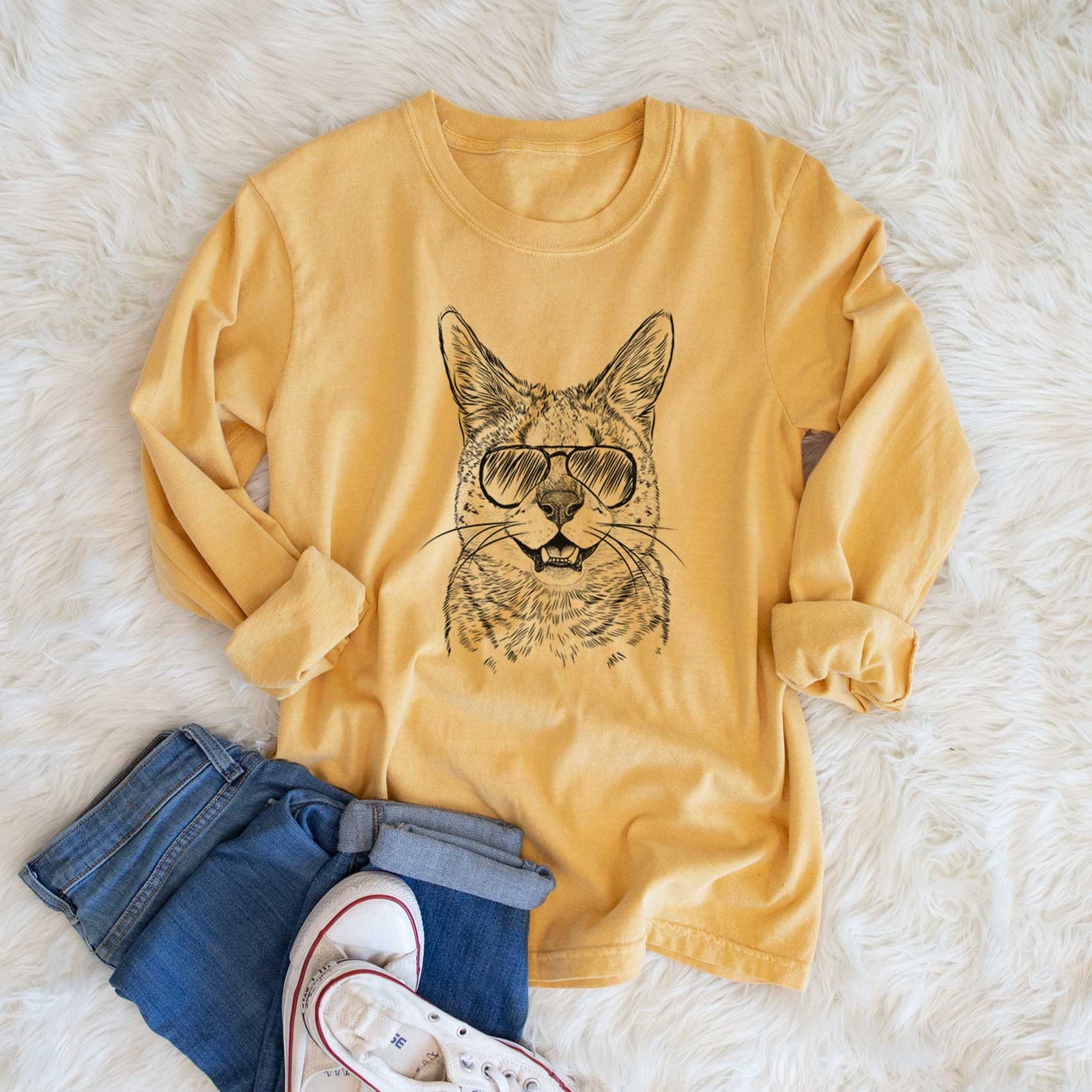 Aviators Lucky the Serval Cat - Heavyweight 100% Cotton Long Sleeve