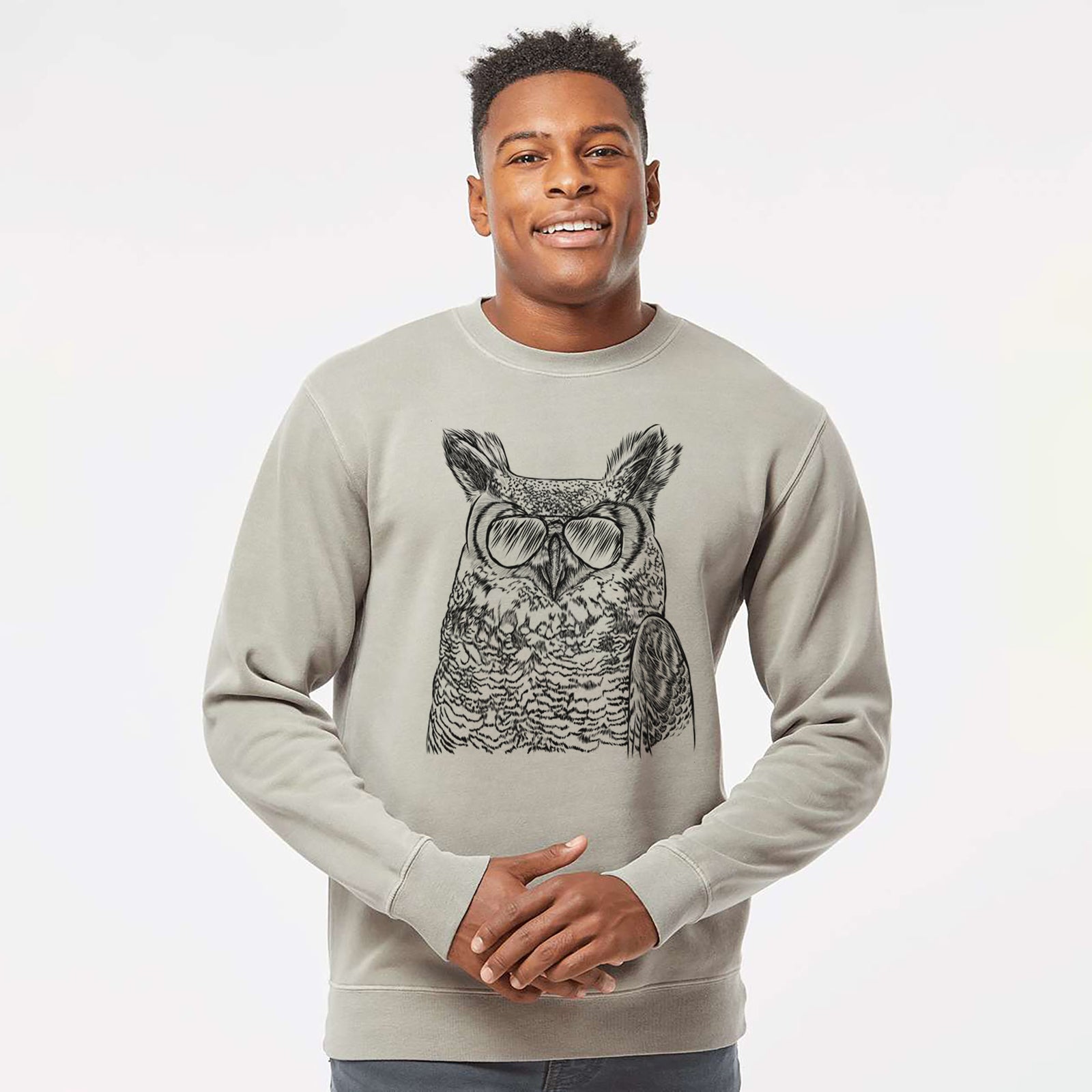 Aviator Ozwald the Grey Horned Owl - Unisex Pigment Dyed Crew Sweatshirt