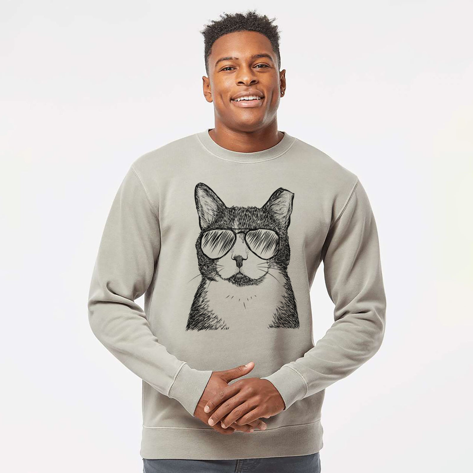 Aviator Pinky the Tuxedo Cat - Unisex Pigment Dyed Crew Sweatshirt