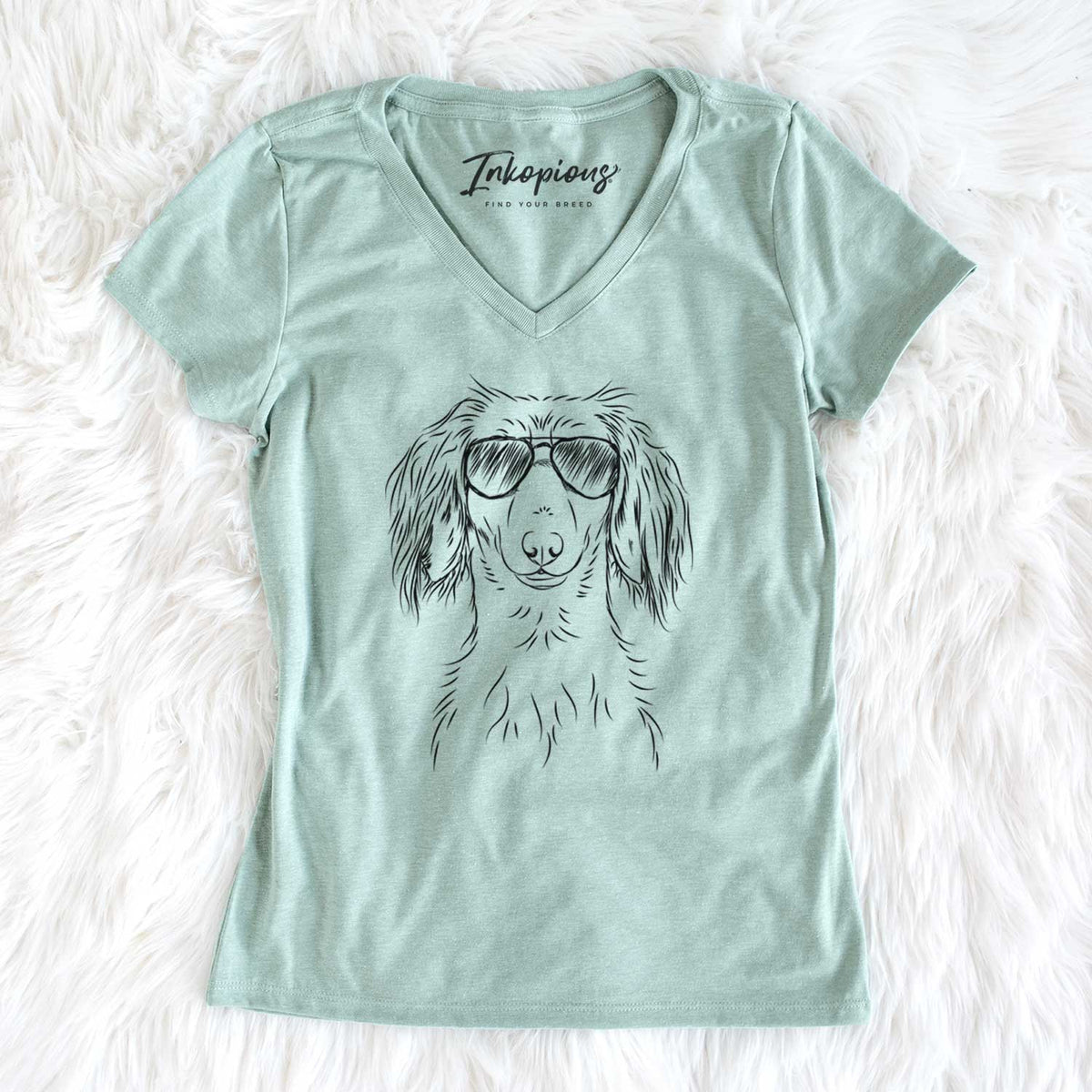 Aviator Roux the Long Haired Dachshund - Women's V-neck Shirt