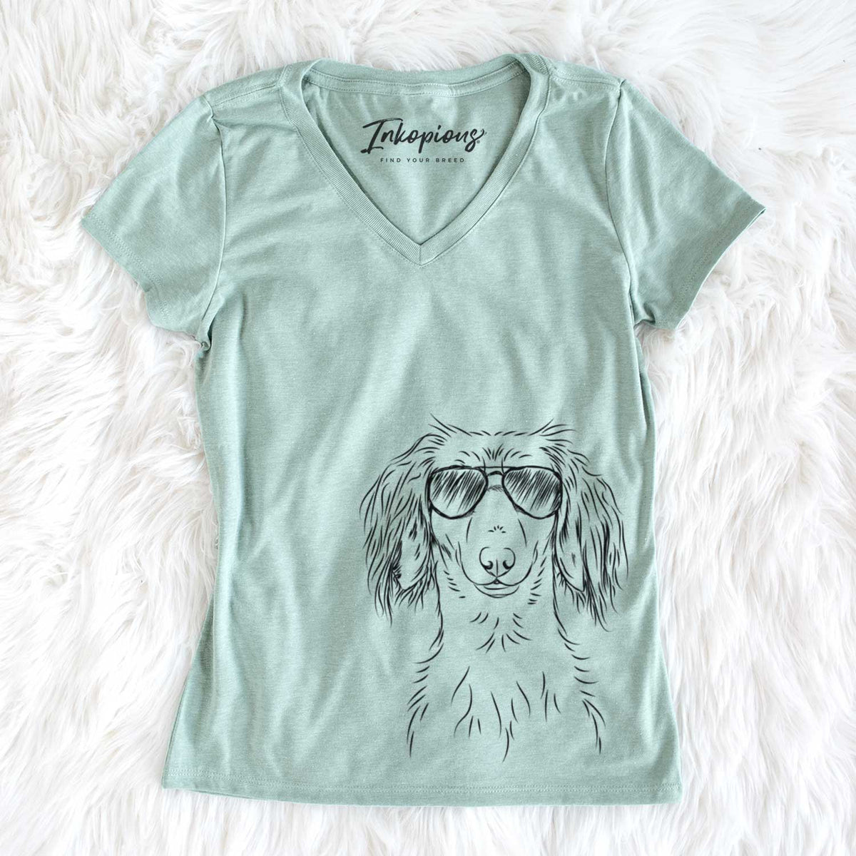 Aviator Roux the Long Haired Dachshund - Women's V-neck Shirt