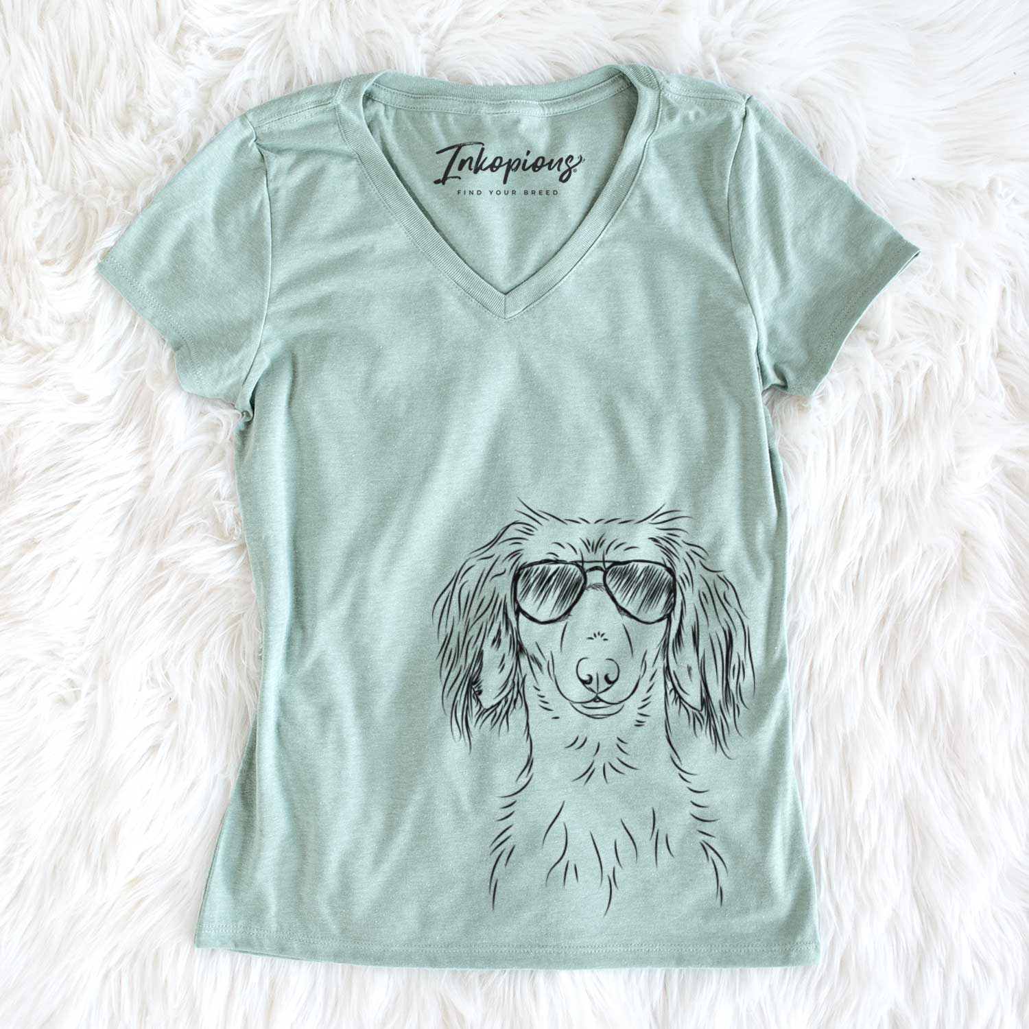 Aviator Roux the Long Haired Dachshund - Women's V-neck Shirt