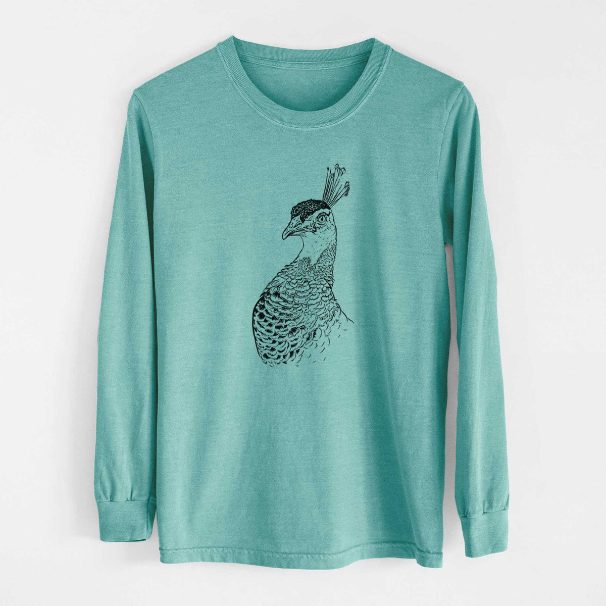 Hand-drawn sketch of Dee the Peahen on a Reef Green heavyweight 100% cotton long sleeve, worn by a model