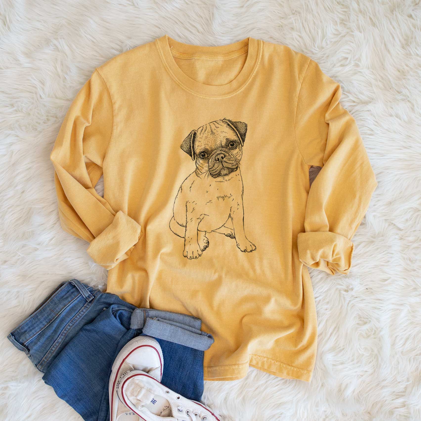 Bare Nelson the Pug Puppy - Heavyweight 100% Cotton Long Sleeve