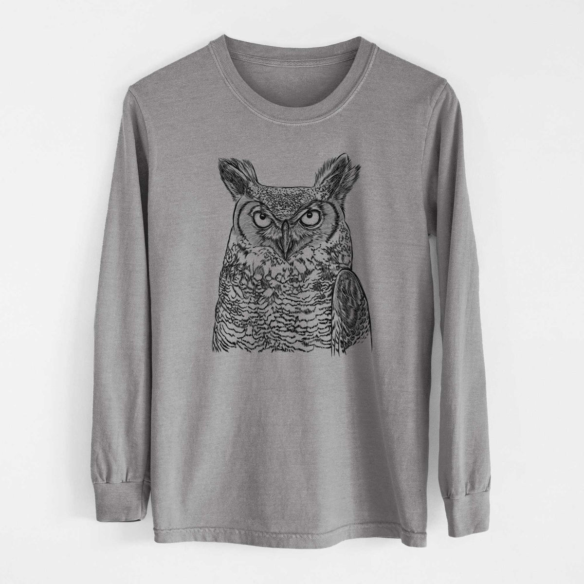 Bare Ozwald the Grey Horned Owl - Heavyweight 100% Cotton Long Sleeve
