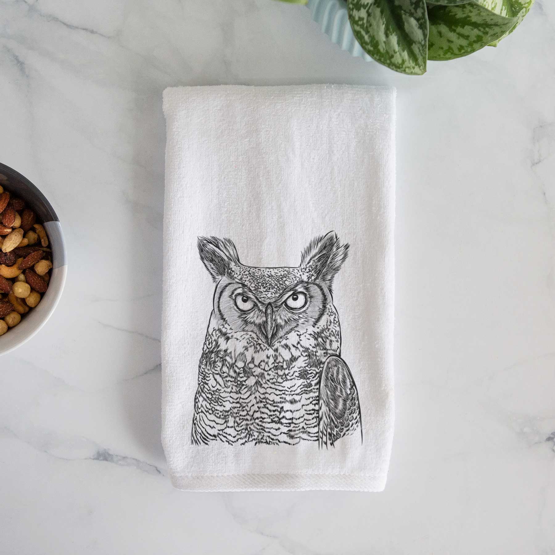 Ozwald the Grey Horned Owl Decorative Hand Towel