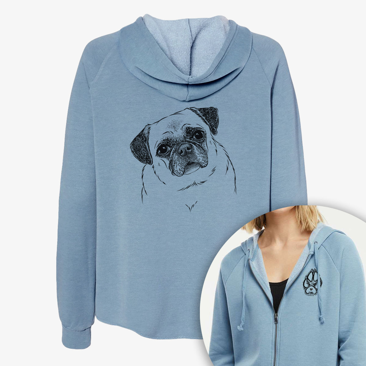 Zoey the Pug - Women&#39;s Cali Wave Zip-Up Sweatshirt