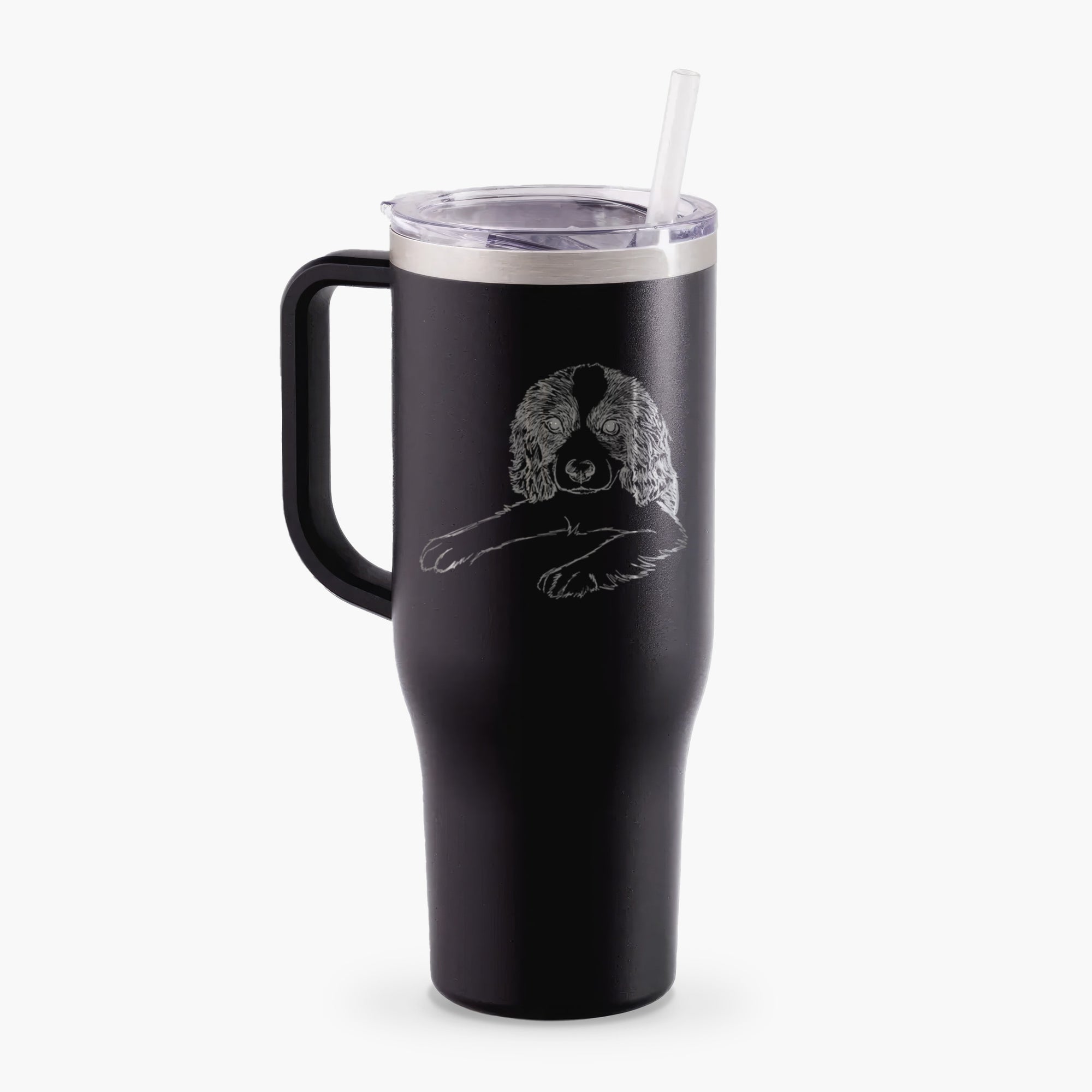 Doodled Bandit the English Springer Spaniel Puppy - 40oz Tumbler with Handle