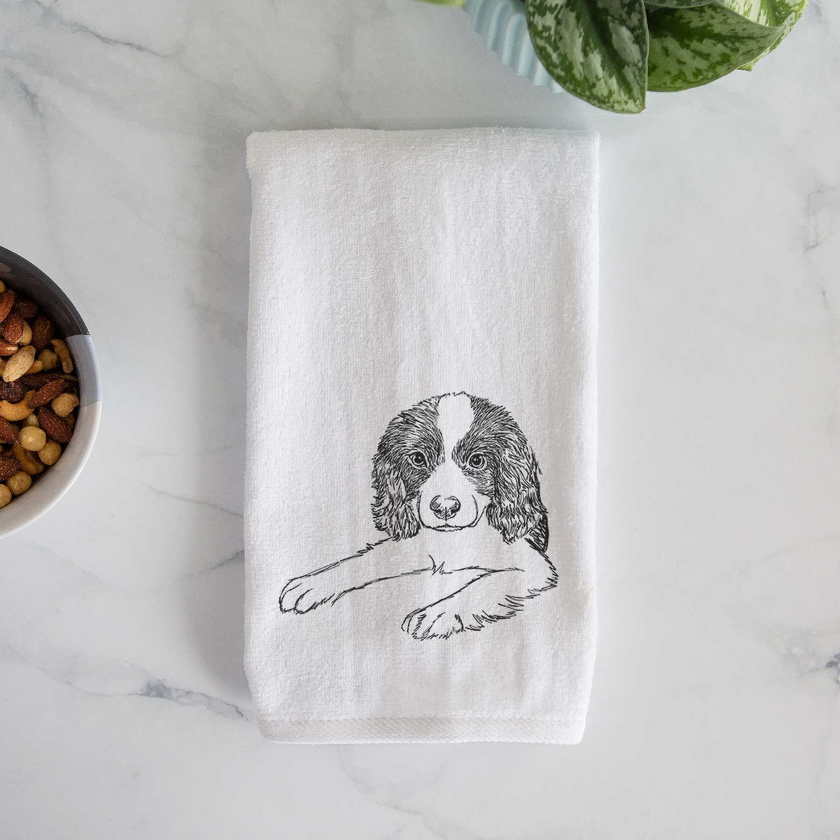 Doodled Bandit the English Springer Spaniel Puppy Decorative Hand Towel