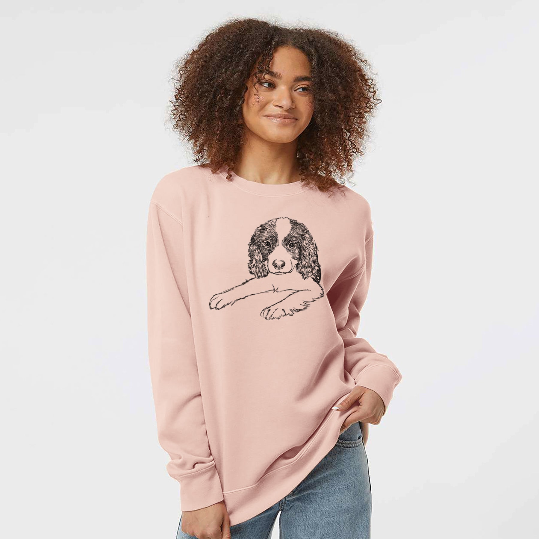 Doodled Bandit the English Springer Spaniel Puppy - Unisex Pigment Dyed Crew Sweatshirt